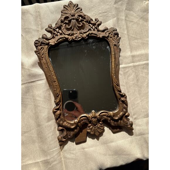 Vintage metal cast iron / brass vanity stand up mirror gold tone - Picture 2 of 10